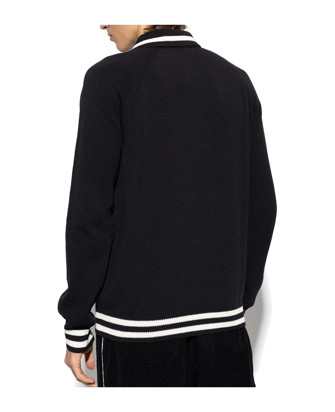 Balmain Logo Embroidered Long-sleeve Polo Shirt - Black/natural