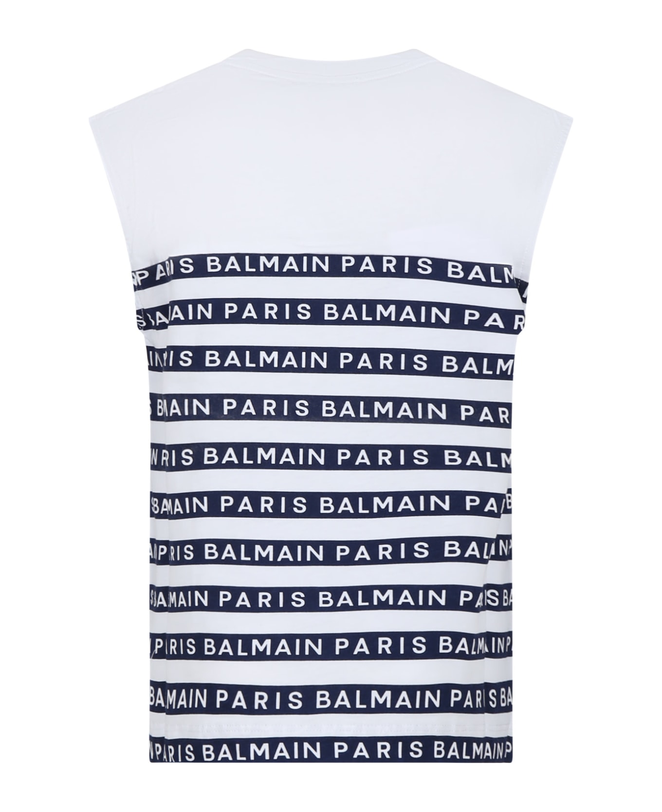 Balmain White Sleveless T-shirt For Kids With Blue Stripes And Logo - WHITE