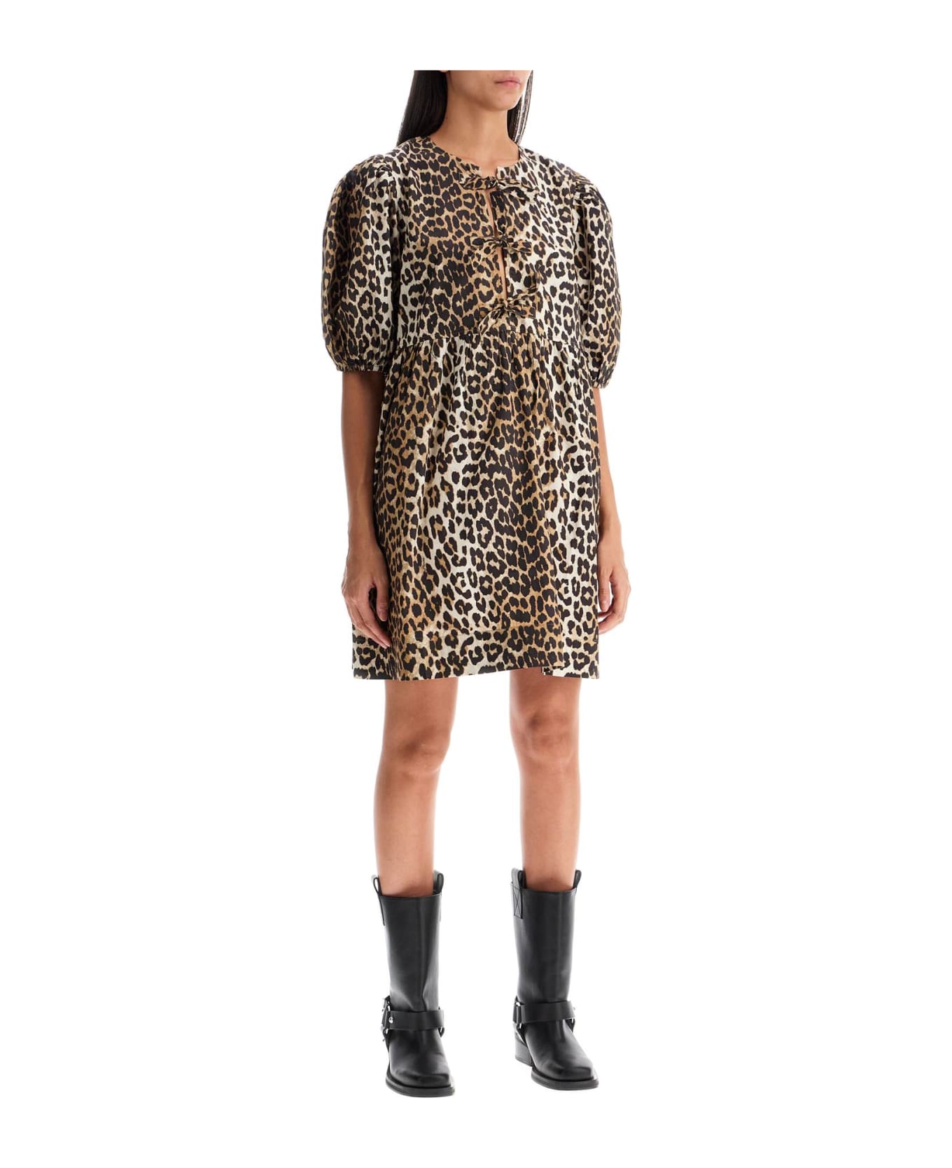 Ganni Organic Cotton Smocked Skirt - LEOPARD (Beige)