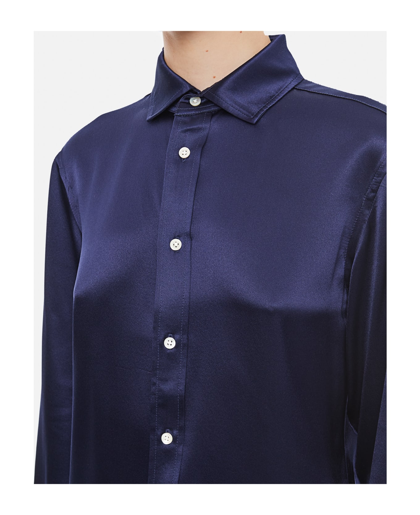 Polo Ralph Lauren Long Sleeve Button Front Silk Shirt - Newport Navy