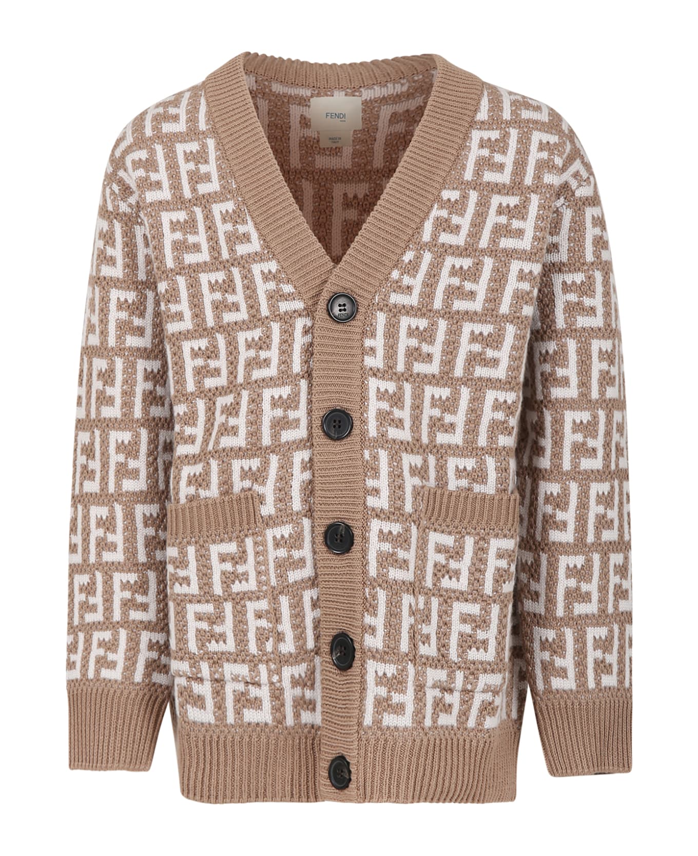 Fendi Beige Cardigan With Ff For Kids - Brown