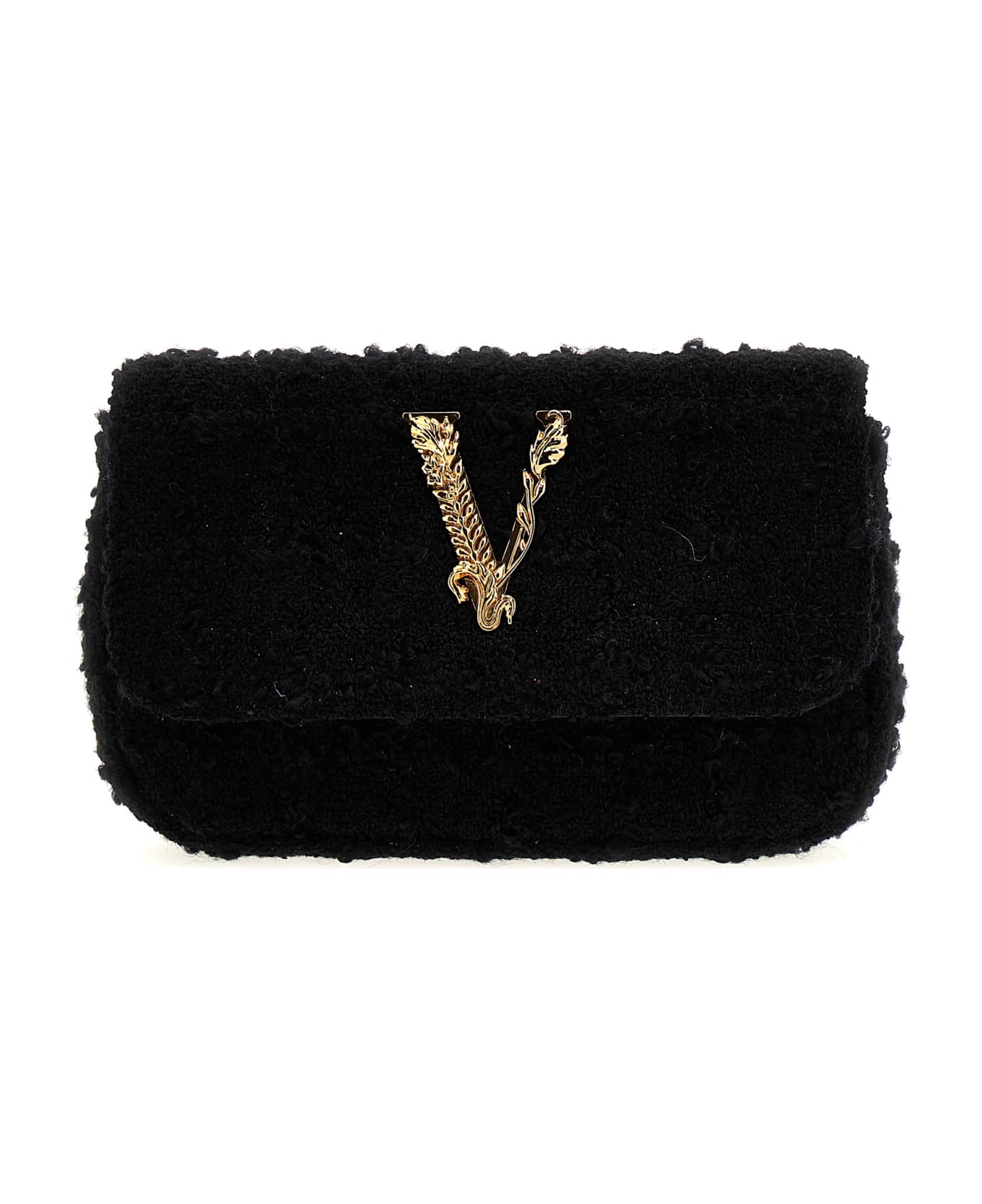 Versace Logo Tweed Crossbody Bag - NERO-ORO VERSACE