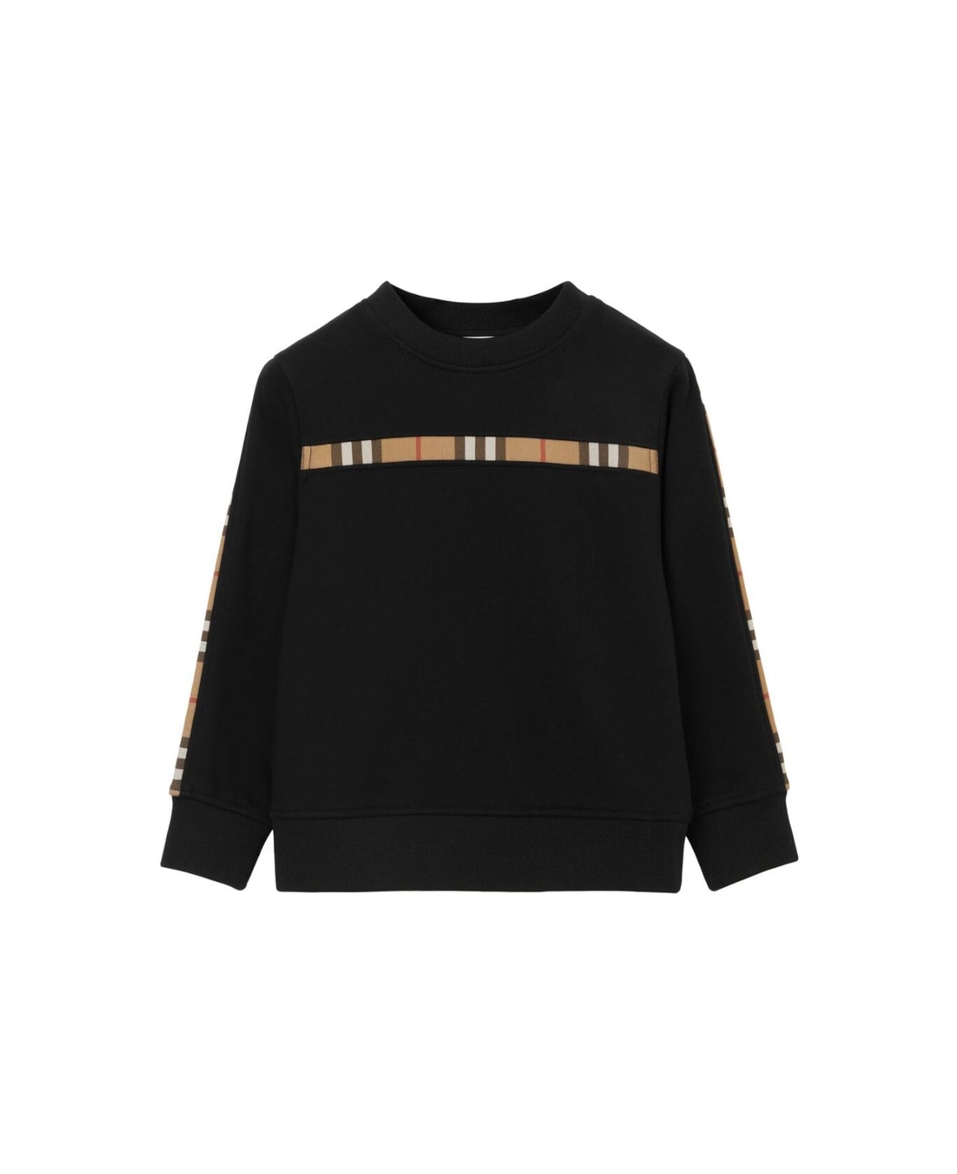 Burberry Black Crewneck Sweatshirt With Check Print On The Front And On Sleeves In Cotton Boy - Black