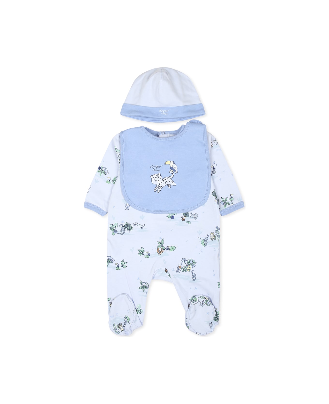 Kenzo Kids Light Blue Babygrow Set For Baby Boy With Tiger And Logo - Light Blue ボディスーツ＆セットアップ