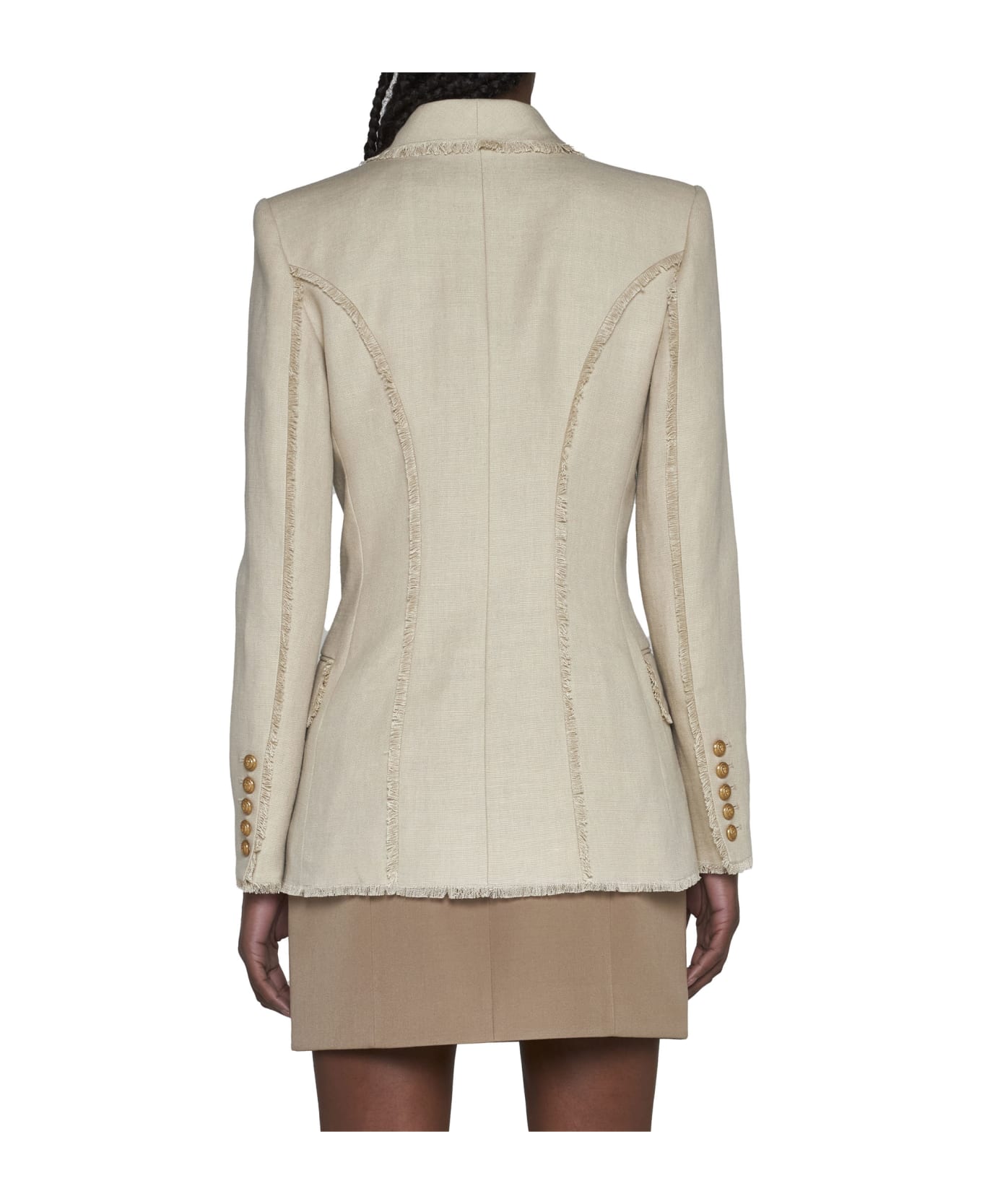 Balmain Double-breasted Fray-trimmed Blazer - Beige ブレザー