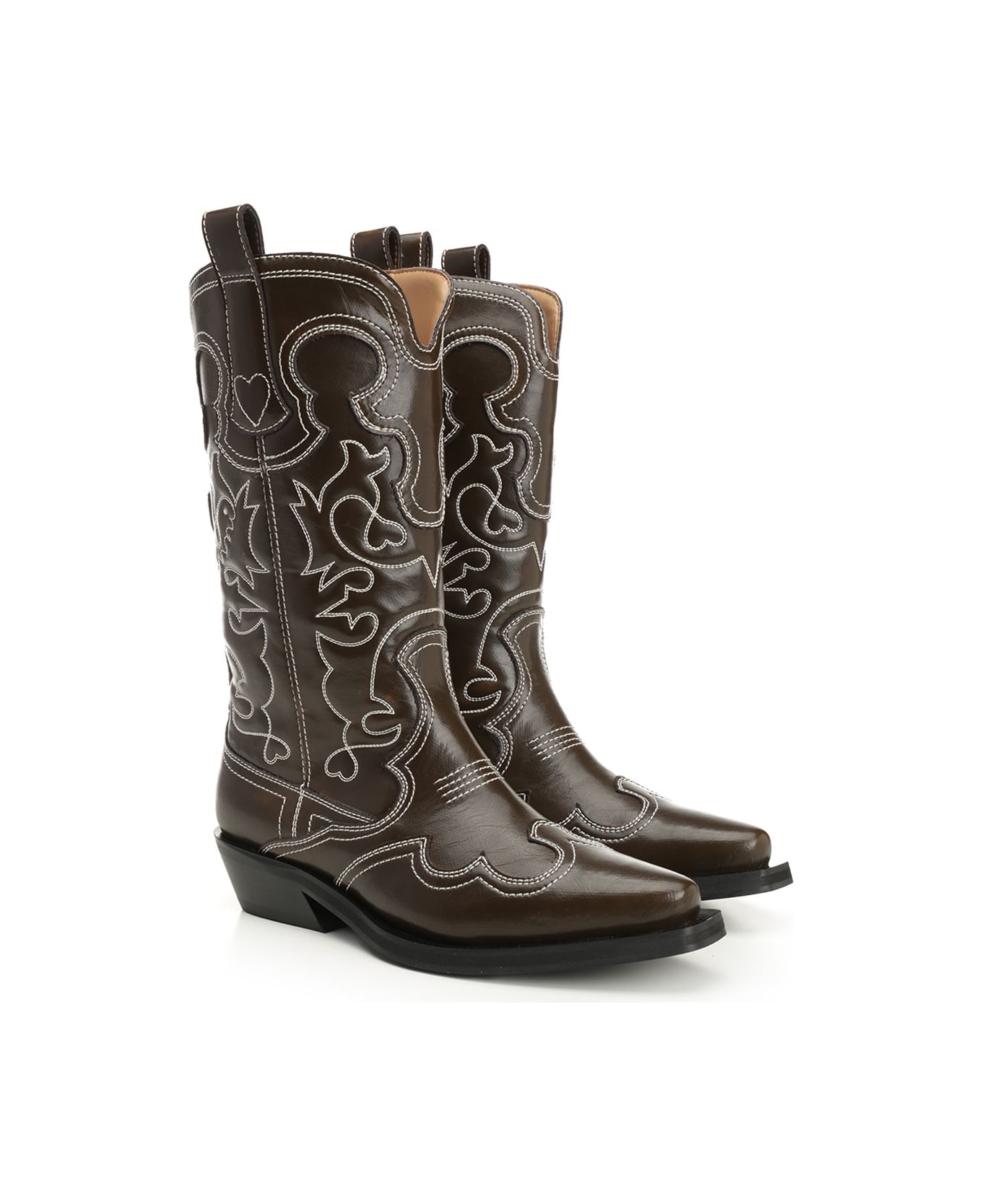 Ganni Mid Shaft Embroidered Western Boot Oleatex - DARKOLIVEEGRET