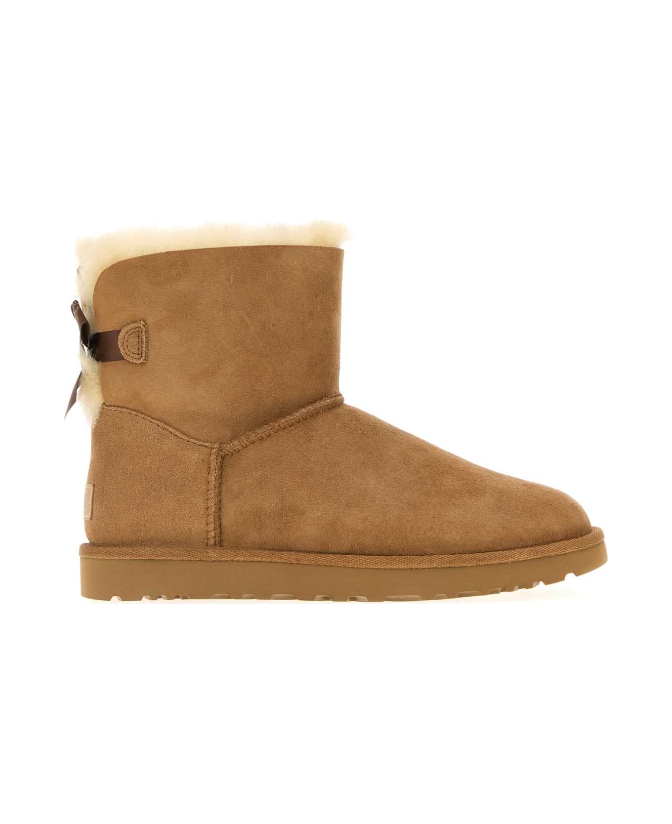 UGG Camel Suede Mini Bailey Bow Ankle Boots - CHESTNUT