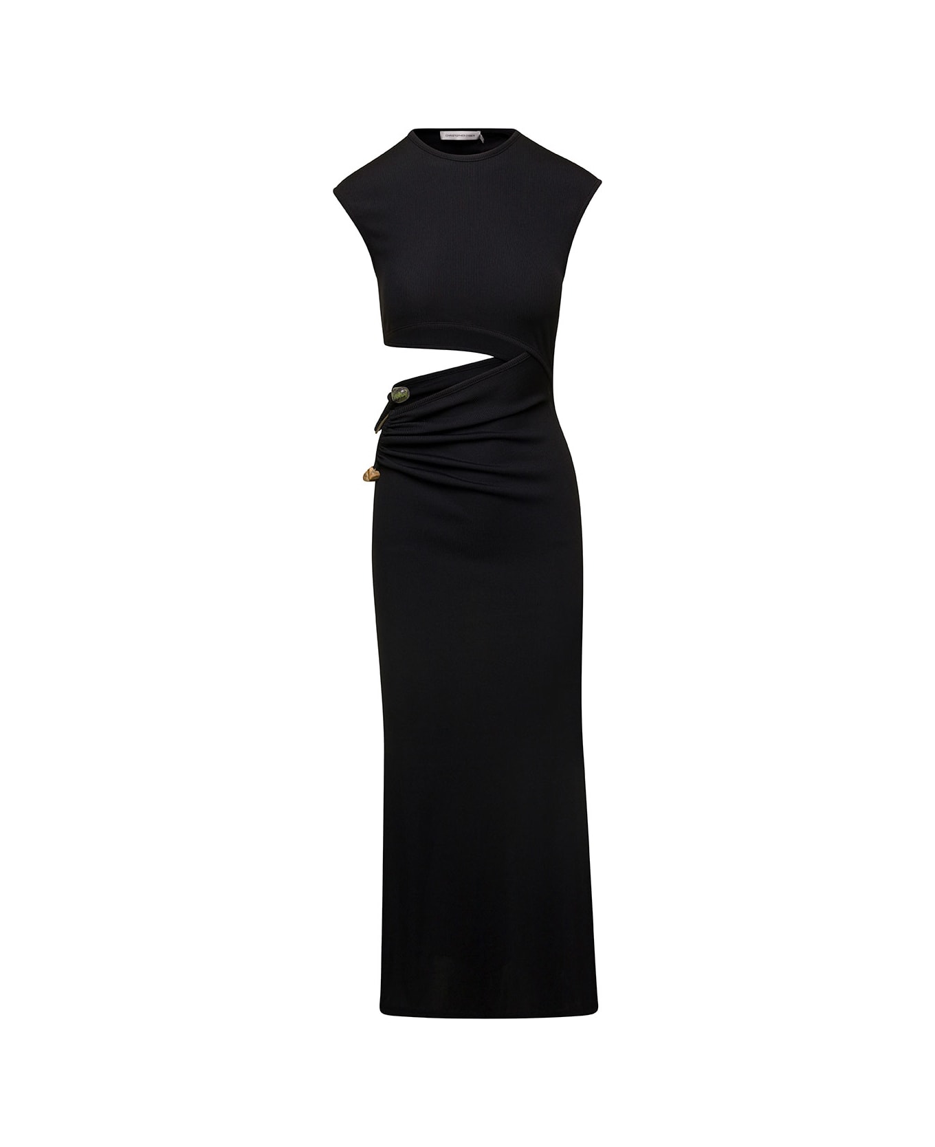 Christopher Esber Long Black Ribbed Dress With Cut-out Detail At The Waist In Elasticated Polyester Woman - Black