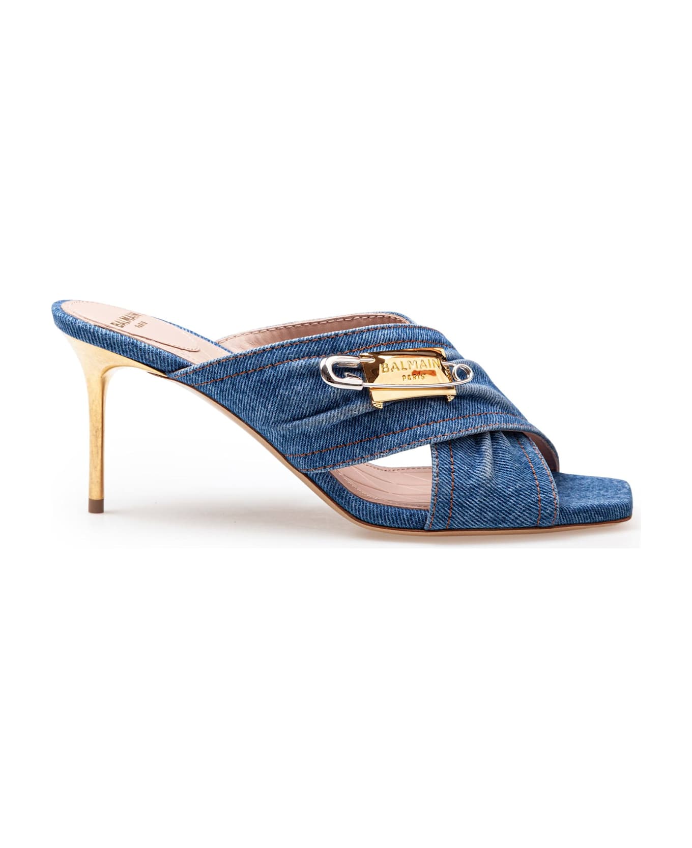 Balmain Safety Mule In Denim Fabric With Applied Pin - Blue/Yellow