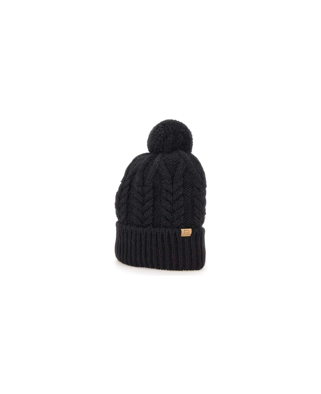 Woolrich 'cable Pom Pom Beanie ' Wool And Alpaca Cap - Black 帽子