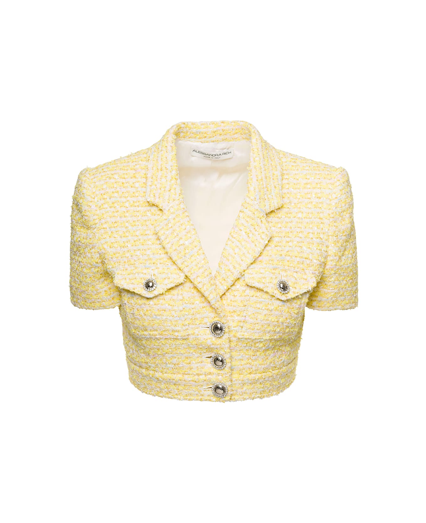 Alessandra Rich Cropped Jacket With Pockets And Silver Buttons In Tweed Lurex Yellow Woman - Yellow