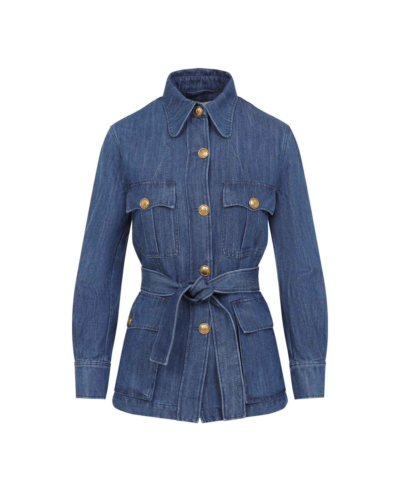 Valentino Garavani Sahariana Belted Waist Denim Jacket - Medium Blue Denim