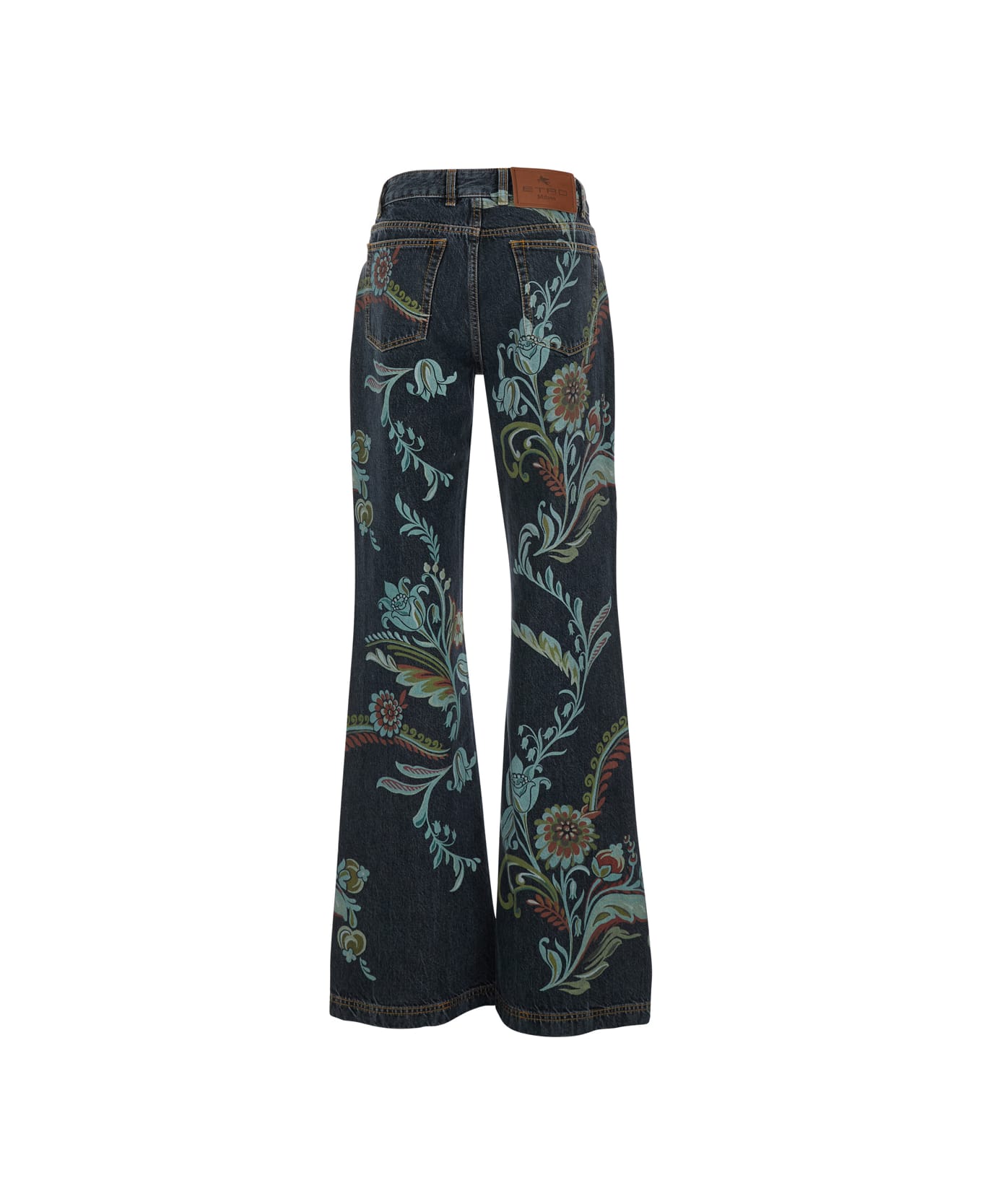 Etro Blue Jeans With All-over Painted Flowers In Denim Woman - Blu