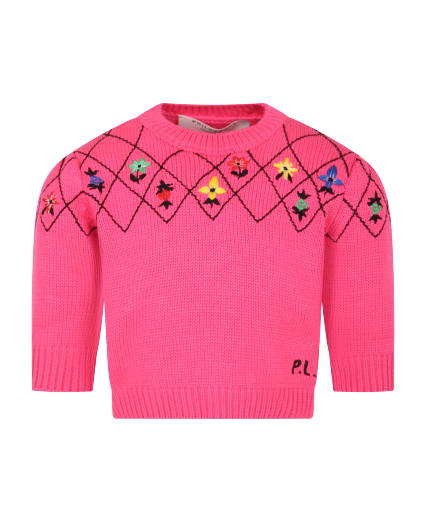 Philosophy di Lorenzo Serafini Kids Fuchsia Sweater For Girl With Embroidered Flowers - Fuchsia