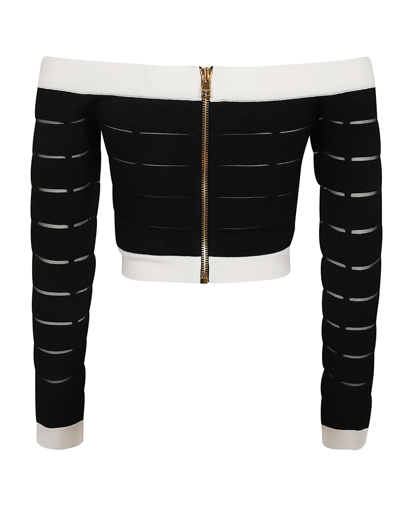 Balmain Ls Off Shoulder Buttoned Knit Crop Top - Eab Noir Blanc