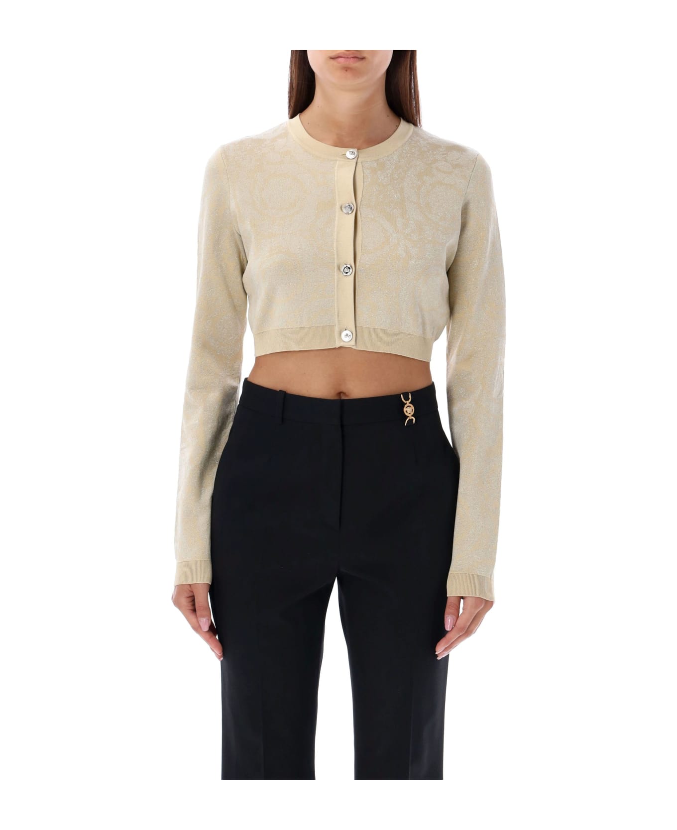 Versace Barocco Button-up Cropped Cardigan - LIGHT SAND GOLD