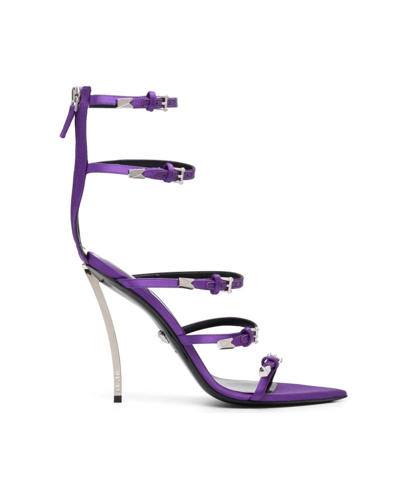 Versace Pin-point Sandals With Straps In Violet Leather Woman - Violet