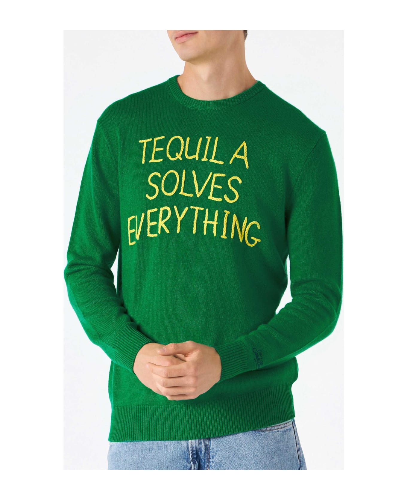 MC2 Saint Barth Man Green Sweater With Tequila Solves Everything Embroidery - GREEN