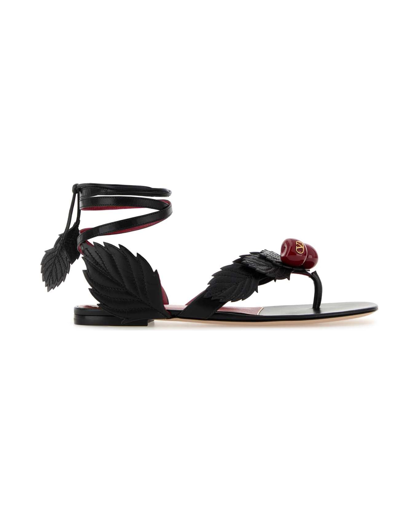 Valentino Garavani Black Leather Cherryfic Thong Sandals - NERO