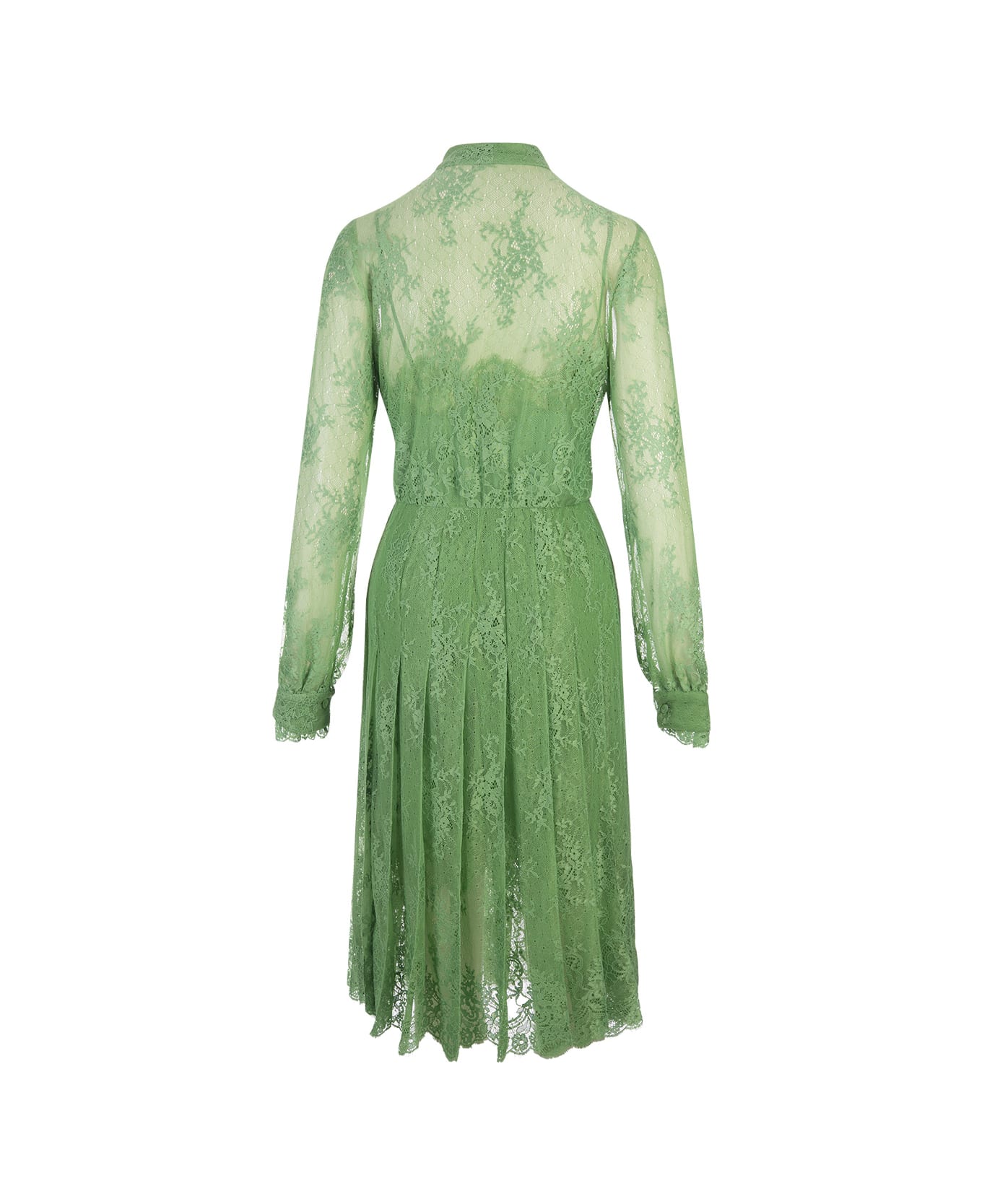Ermanno Scervino Green Lace Dress With Long Sleeve And Collar Bow - Green ワンピース＆ドレス