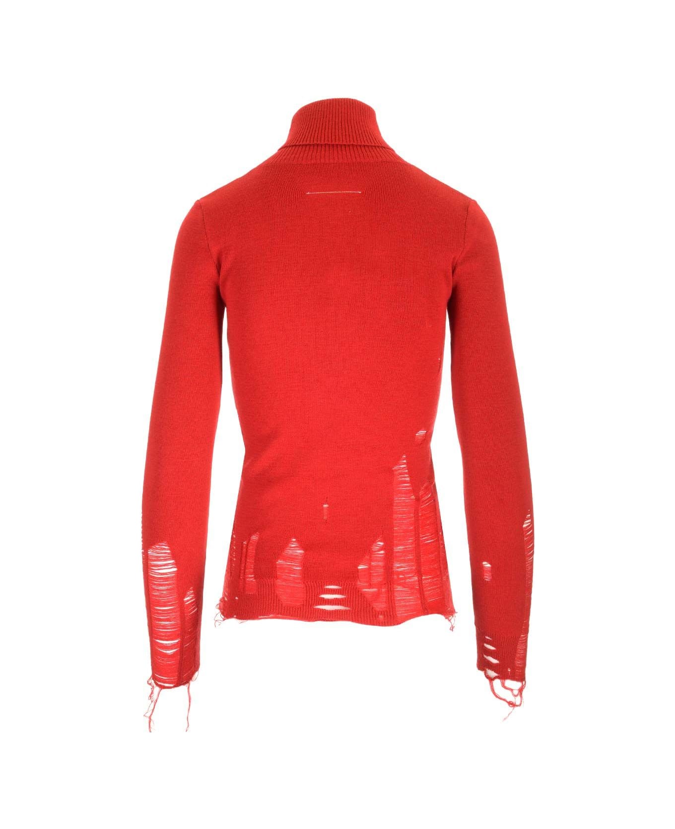 MM6 Maison Margiela Distressed Turtleneck - Red