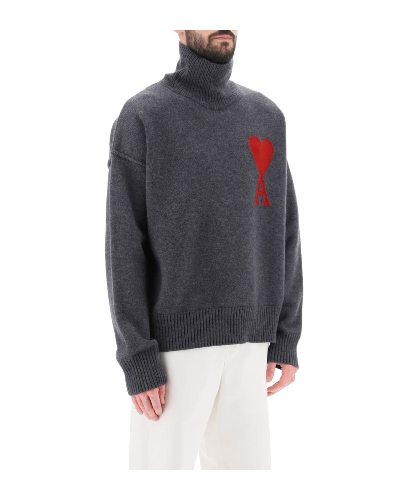 Ami Alexandre Mattiussi Ami De Coeur Wool Turtleneck Sweater - GREY/RED