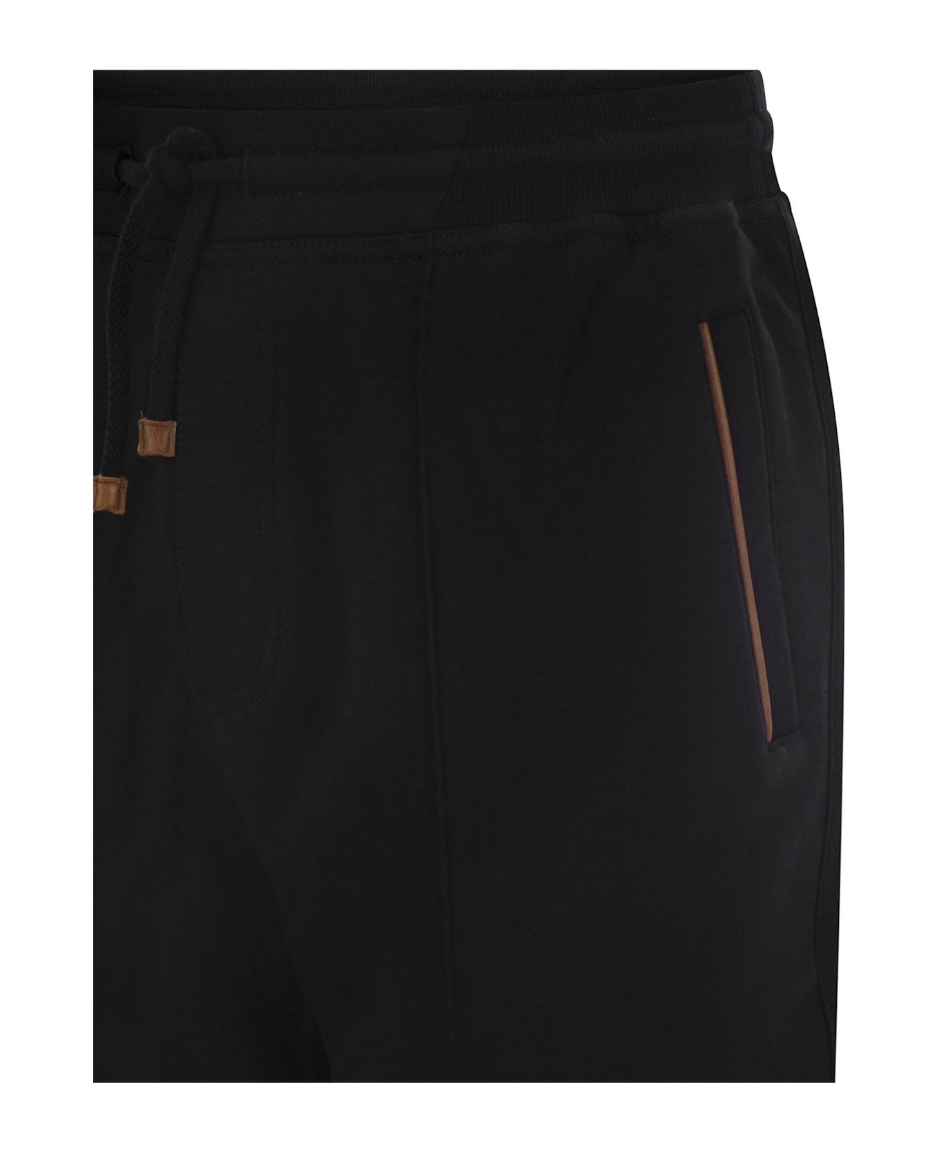 Brunello Cucinelli Techno Cotton Fleece Trousers With Zip On Stretch Bottom, Crete And Piping - Black