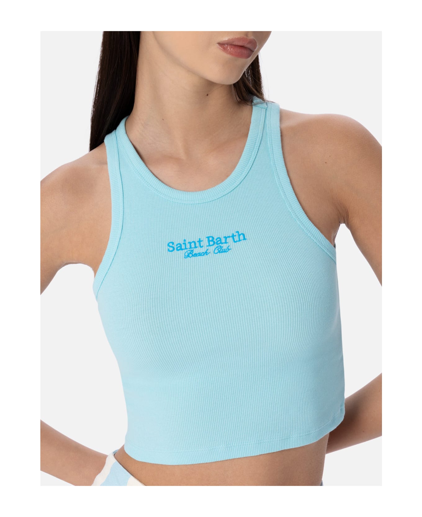 MC2 Saint Barth Woman Rib-knit Cotton Crop Tank With Saint Barth Beach Club Embroidery - GREEN