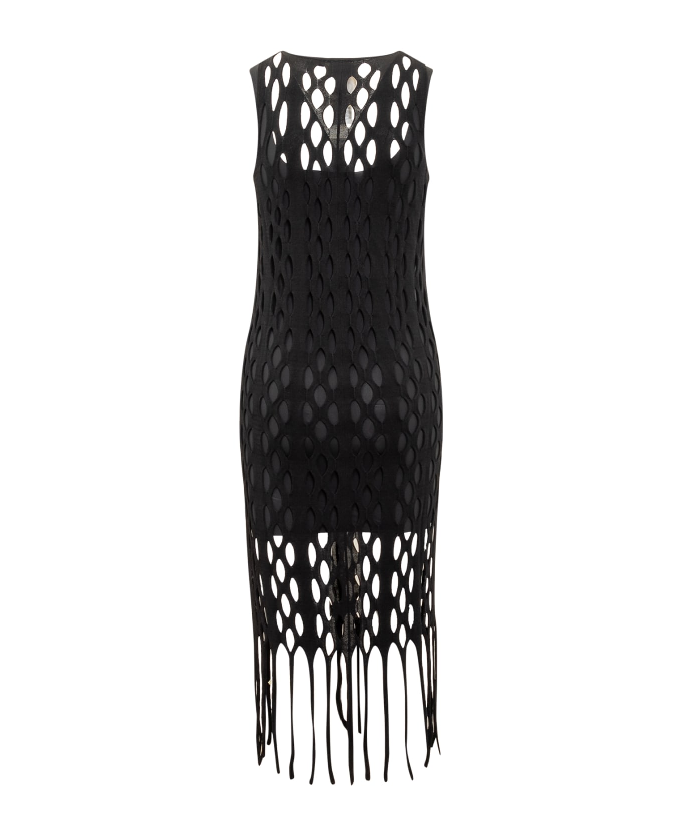 Pinko Dress With Mesh Effect And Fringes - NERO LIMOUSINE