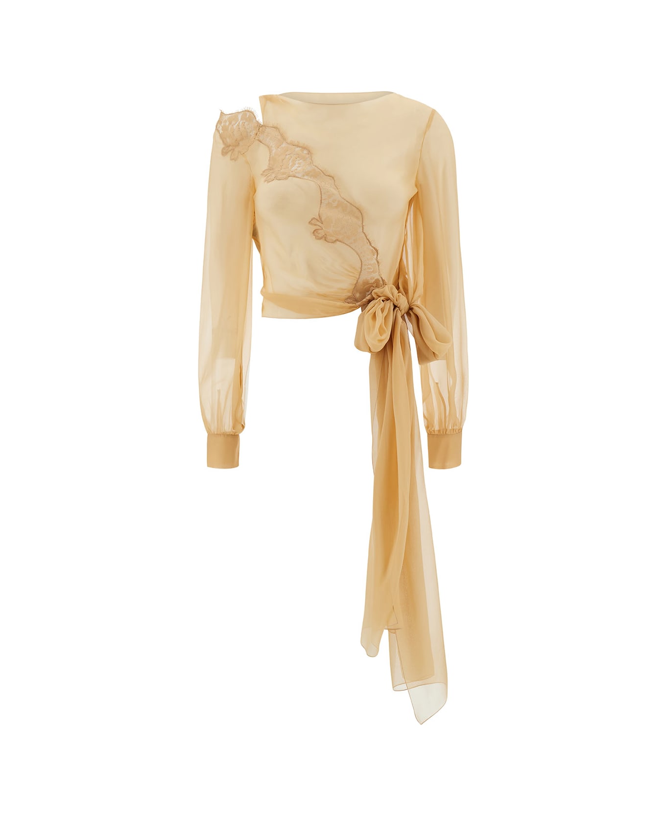 Alberta Ferretti Beige Long Sleeve Blouse With Lace Insert And Bow In Silk Woman - Beige