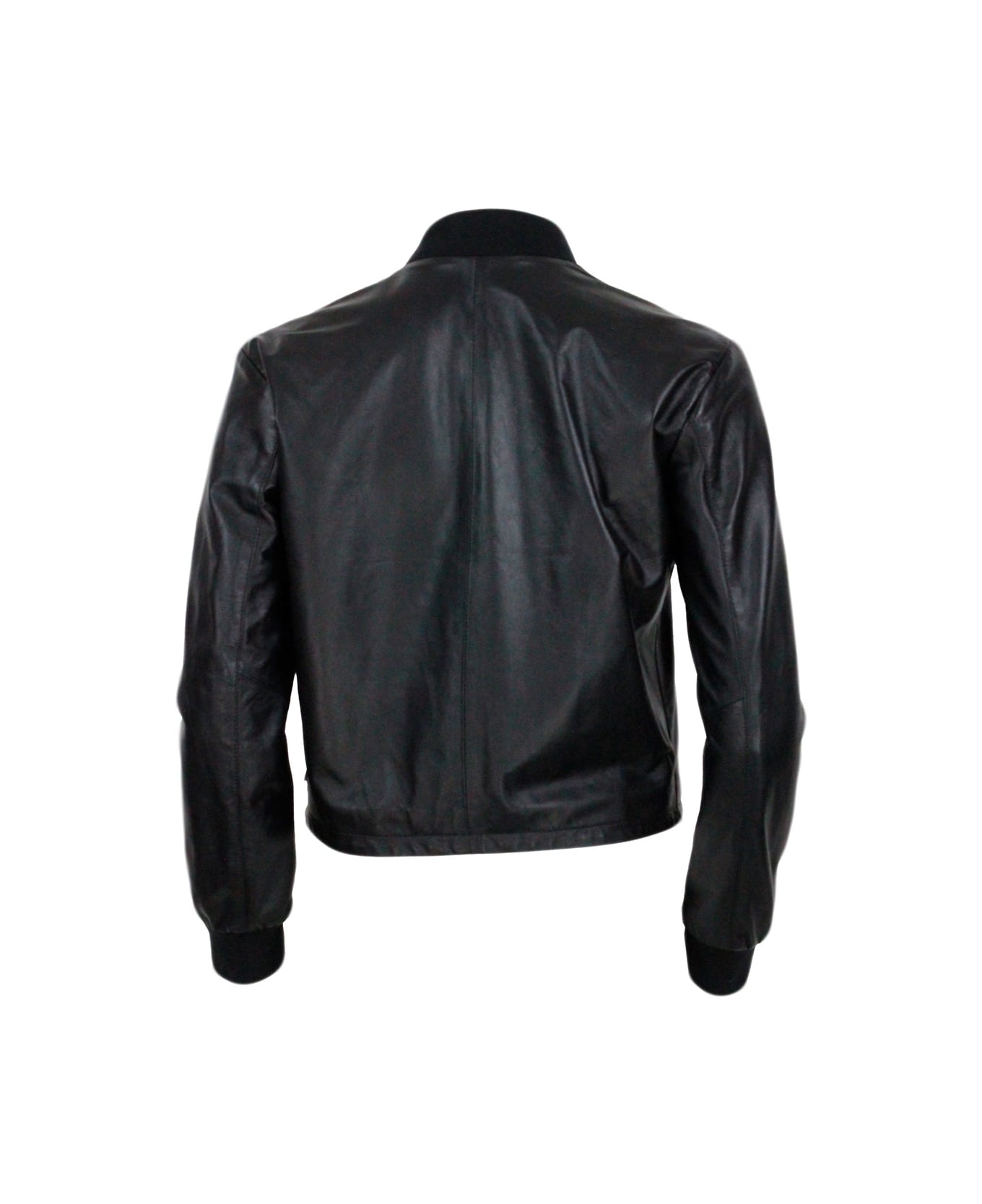 Add Jacket In Soft And Real Lambskin With College Collar And Zip Closure. Stretch Knit Collar And Cuffs - Black