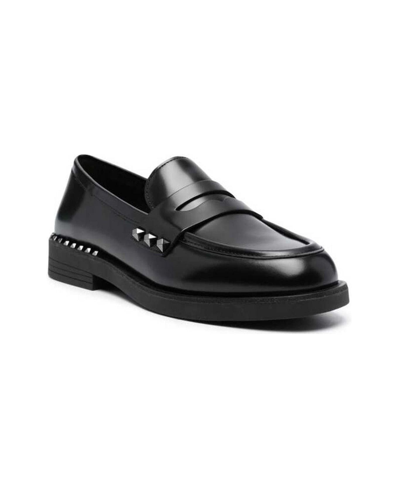 Ash Studs Detailed Round Toe Loafers - BLACK