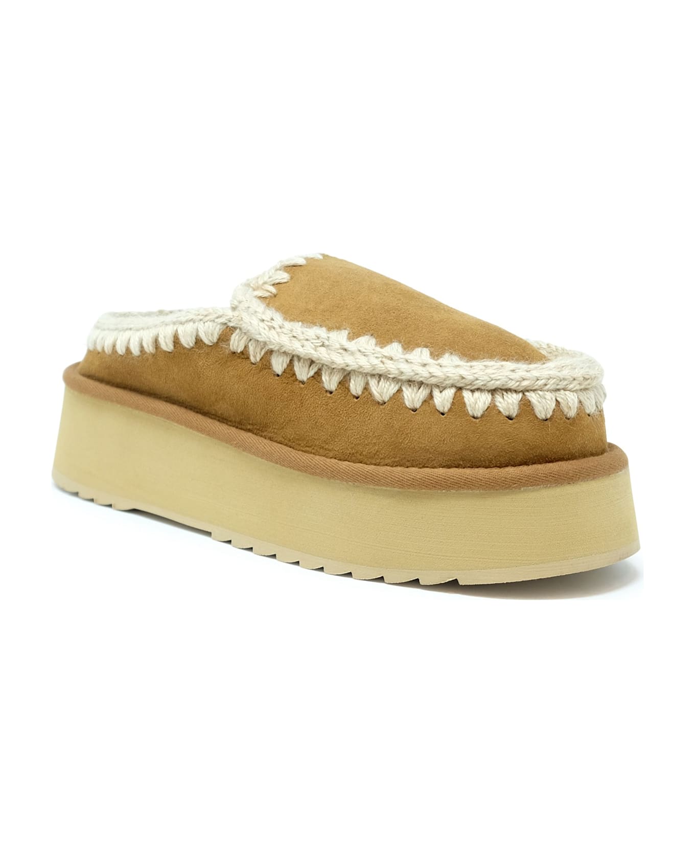 Mou Cognac Eskimo Leather Wool Rubber Platform Clog - COGNAC