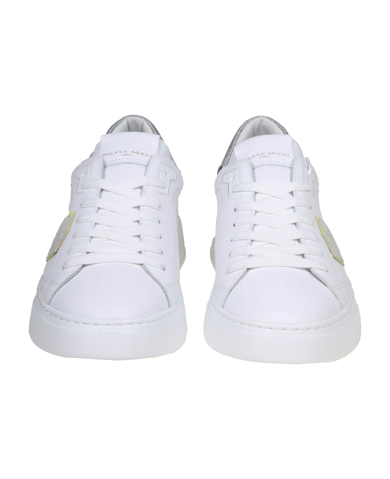 Philippe Model Temple Low Sneakers In White And Silver Leather - Blanc Argent