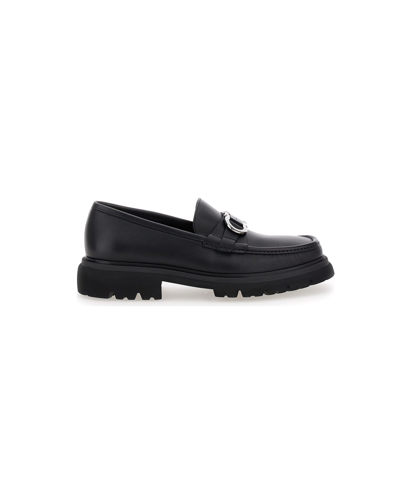Ferragamo Black Loafers With Platform And Gancini Detail In Leather Man - Black