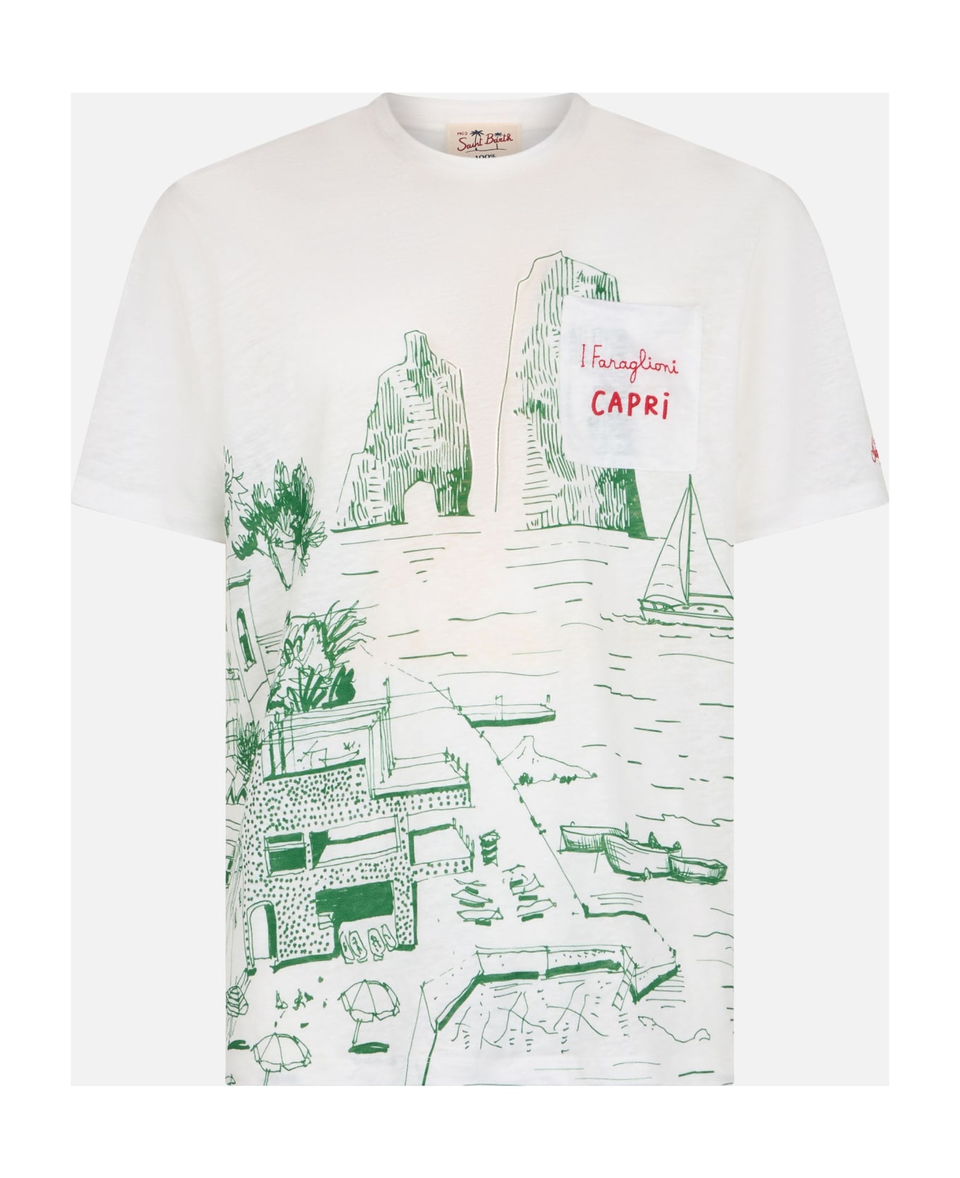 MC2 Saint Barth Man Linen Jersey T-shirt Ecstasea With Capri Placed Print And Embroidered Pocket - WHITE