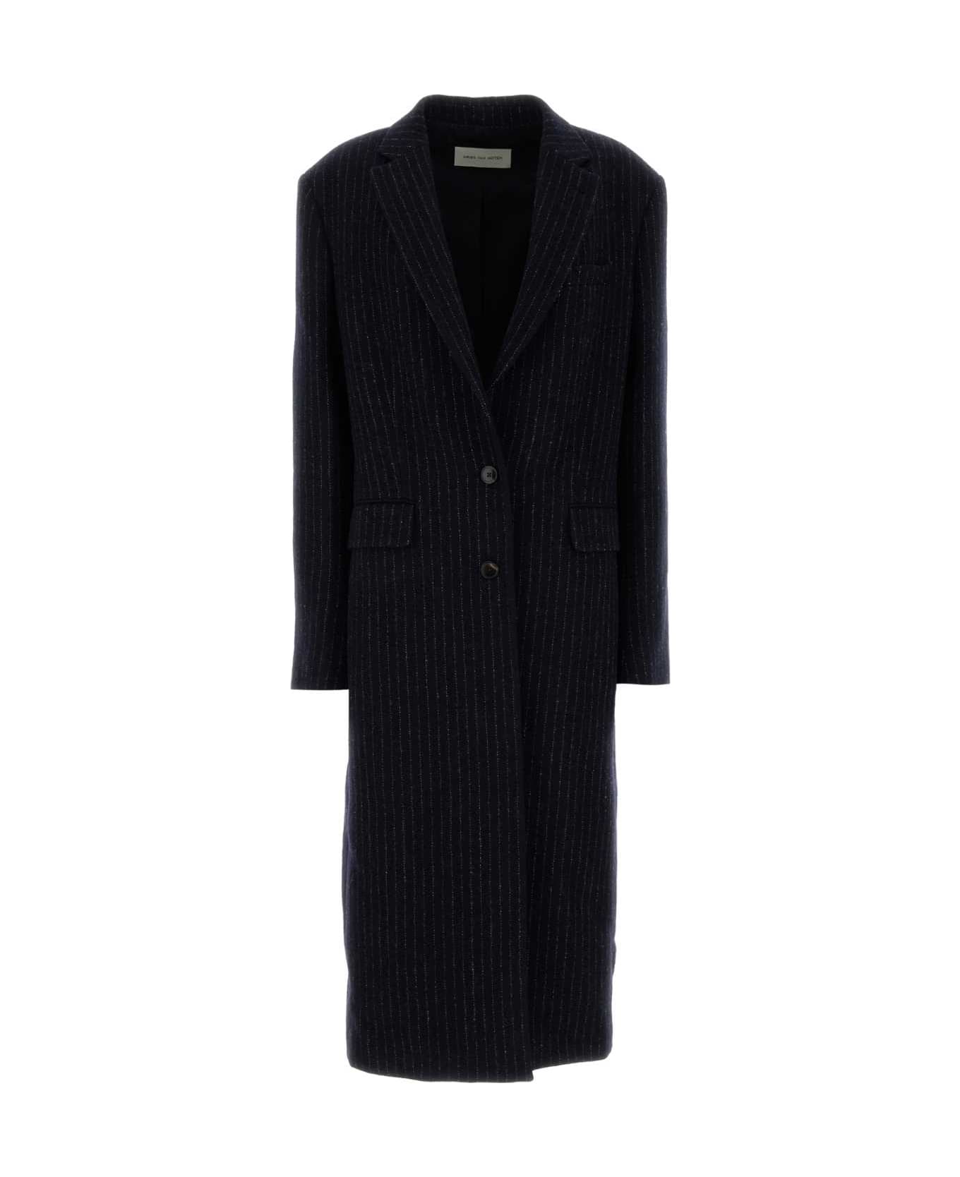 Dries Van Noten Embroidered Wool Raftan Coat - NAVY
