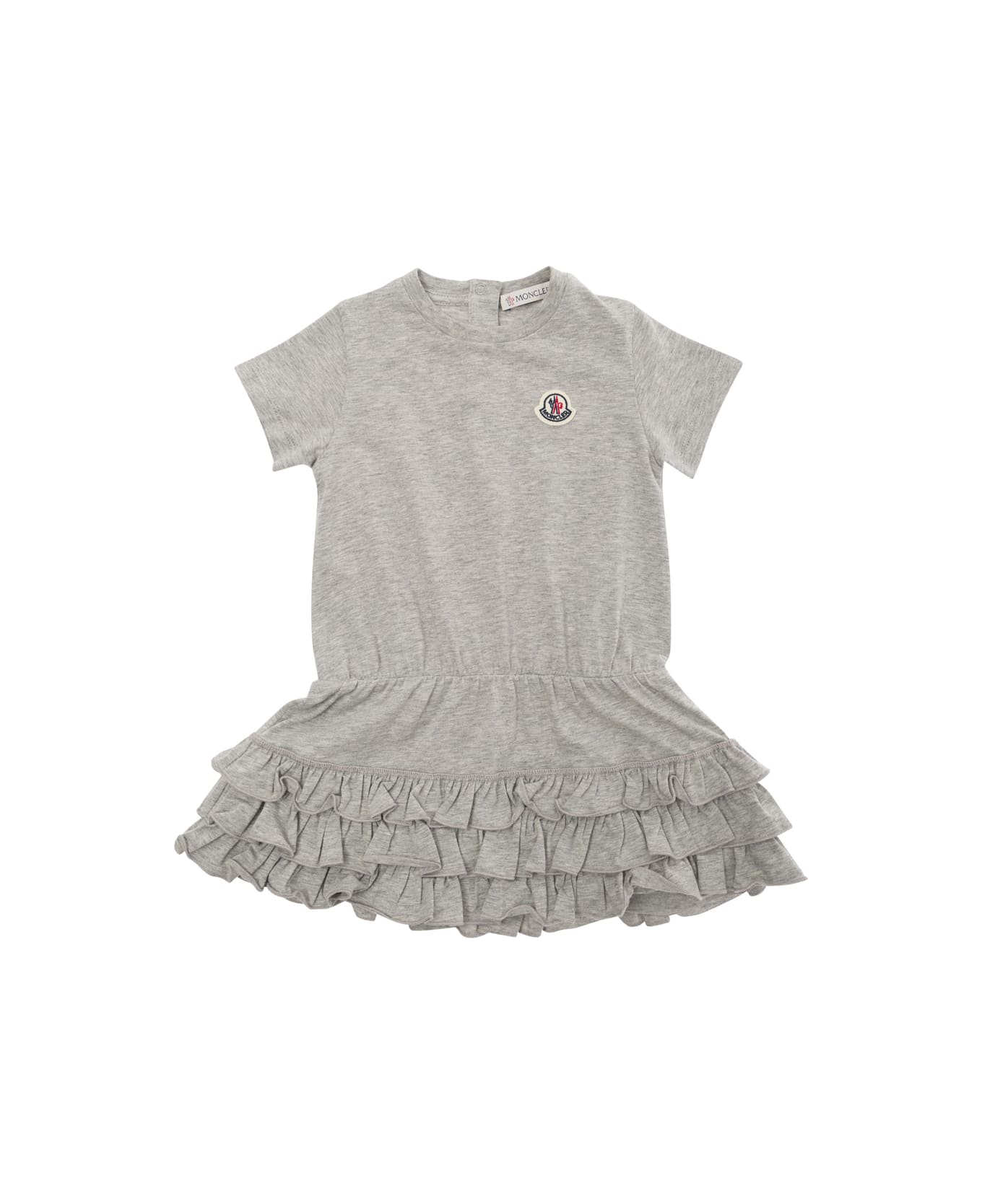 Moncler Grey Dress With Flounced Skirt And Logo Patch In Stretch Cotton Baby - Grey