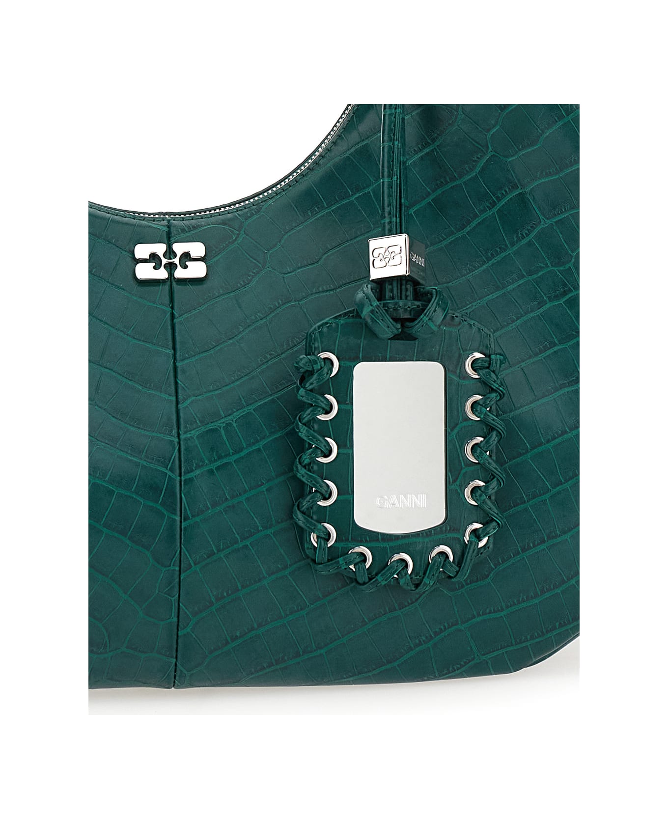 Ganni 
medium Bou
 Green Shoulder Bag With Crocodile Leather Effect And Logo Plaque In Leather Woman - Green