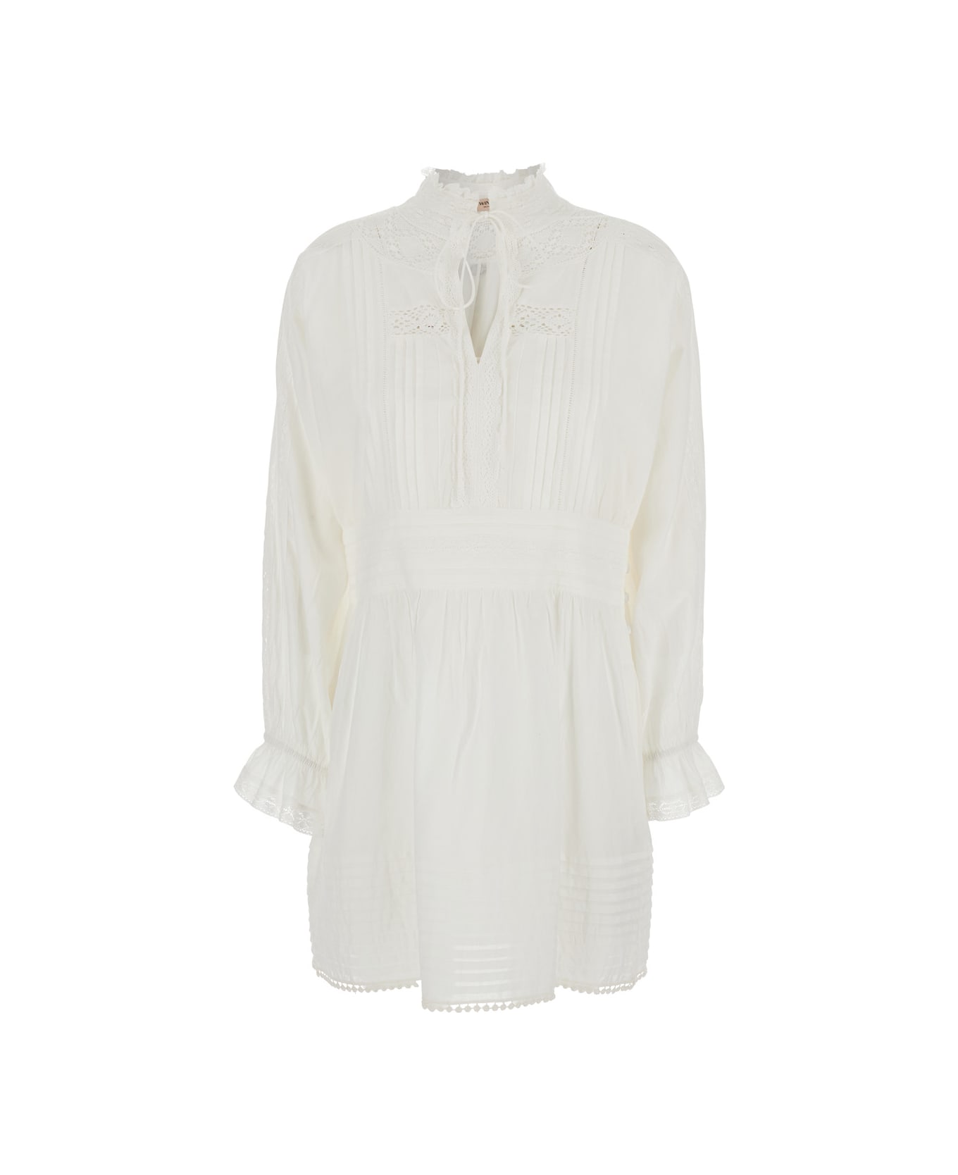 TwinSet White Dress With Pleated Details And All-over Applied Embroidery In Cotton Woman - White