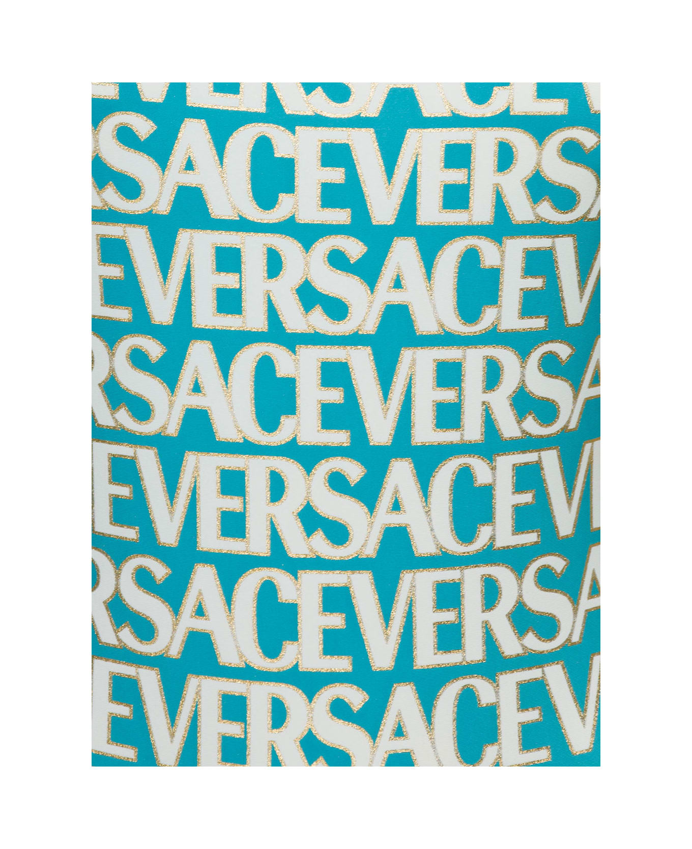Versace Blue One-piece Swimsuit With All-over Logo Lettering Print In Stretch Tech Fabric Woman - Turquoise Avory