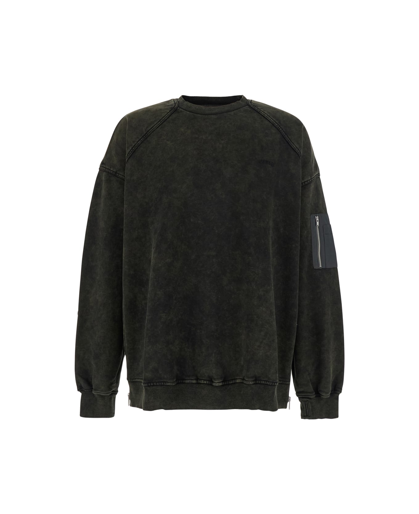 Juun.J Khaki Green Crewneck Sweater With Zip Pocket On The Sleeve In Cotton Man - Green