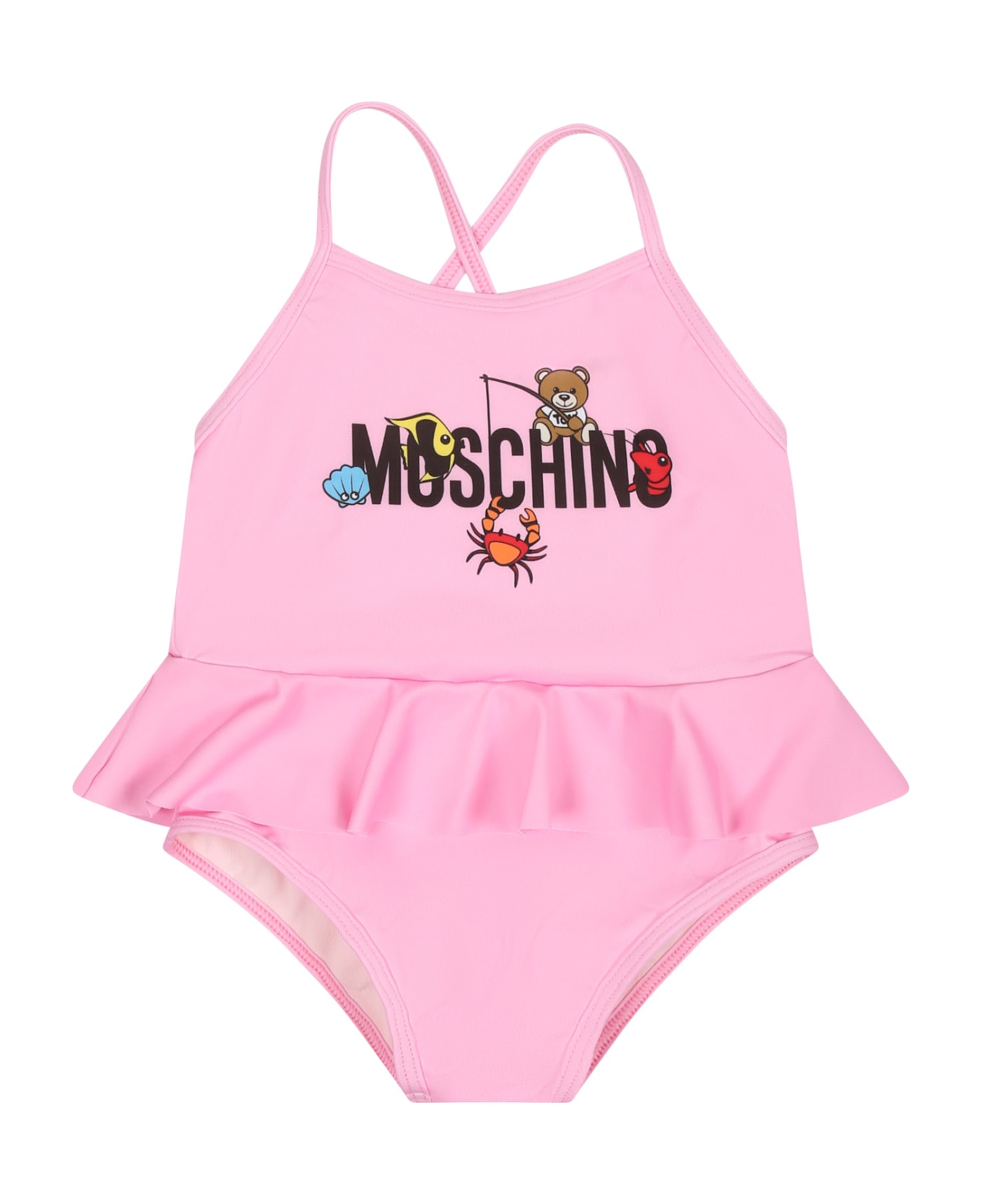 Moschino Pink One Piece Swimsuit For Baby Girl With Logo - Pink 水着