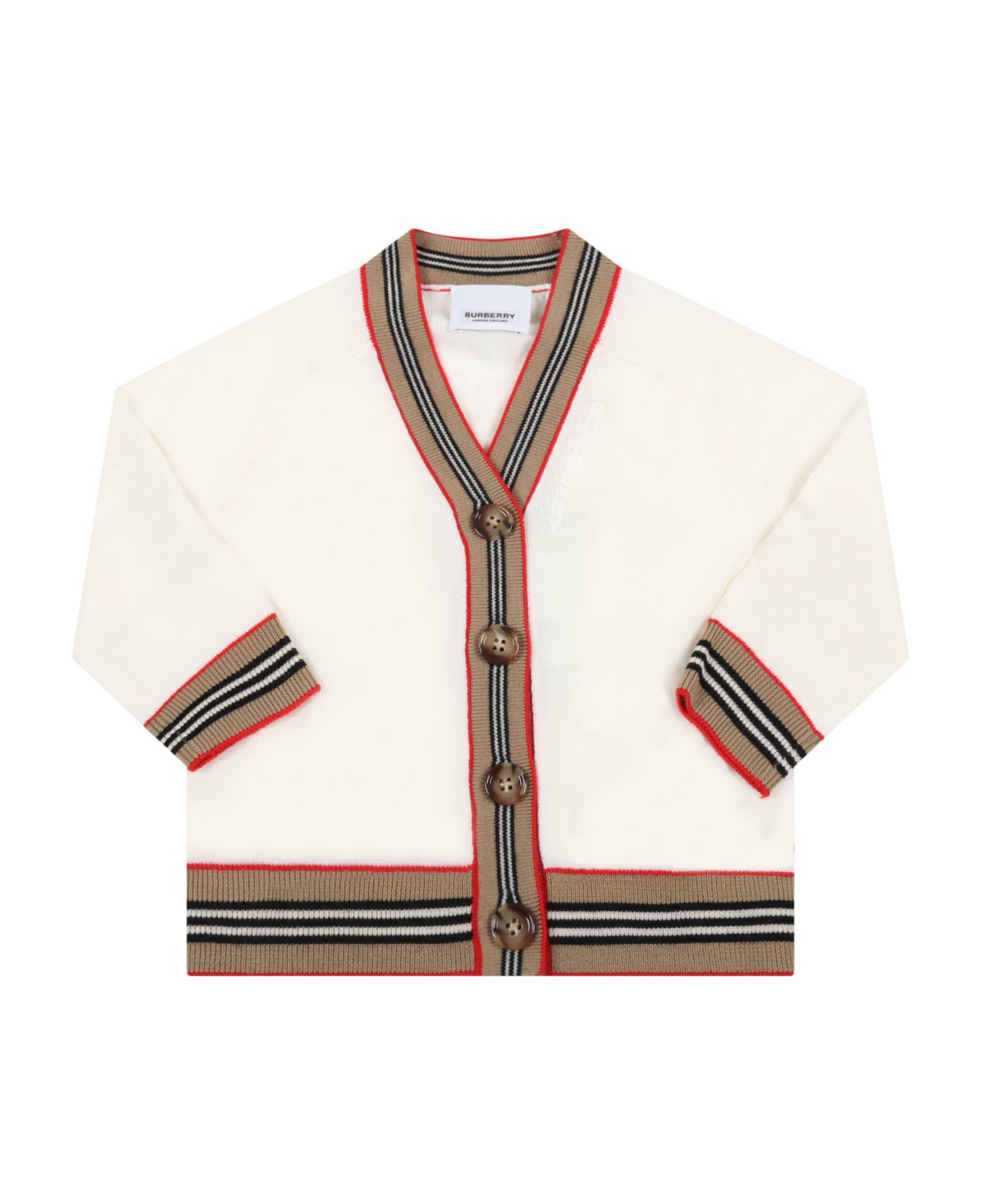 Burberry Ivory Cardigan For Baby Boy With White Embroidered Logo - Ivory
