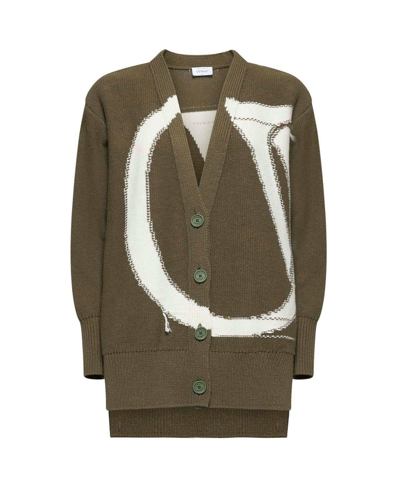 Off-White Buttoned V-neck Long-sleeved Cardigan - Four leaf clover crea