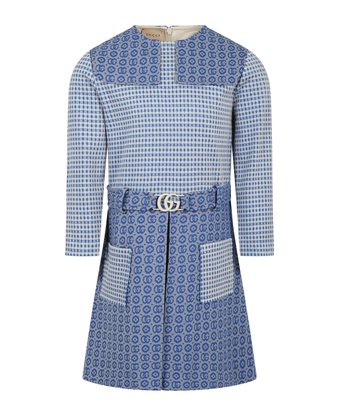 Gucci Light Blue Dress For Girl With Double G - Denim
