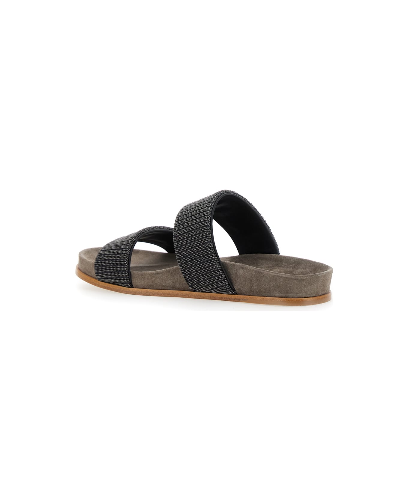 Brunello Cucinelli Grey Sandals With Monile Decoration And Round Open Toe In Suede And Cotton Woman - Brown