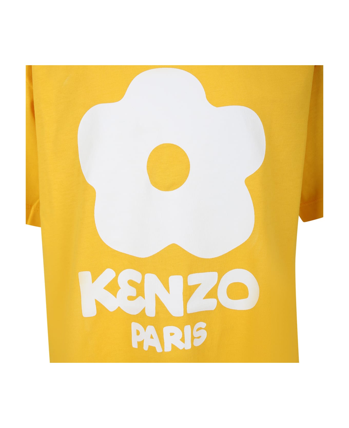 Kenzo Kids Yellow Dress For Girl With Flower And White Logo - Yellow