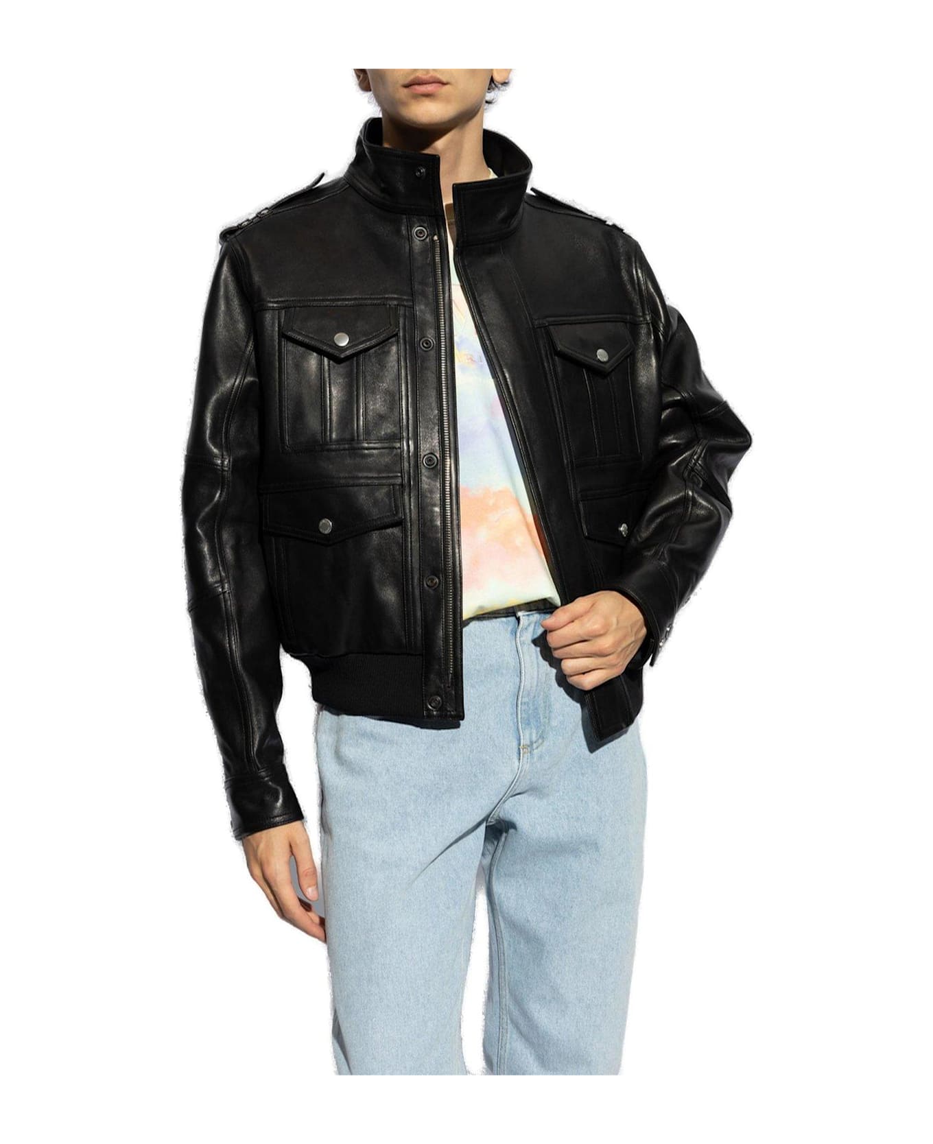 Balmain High-neck Leather Jacket - Black