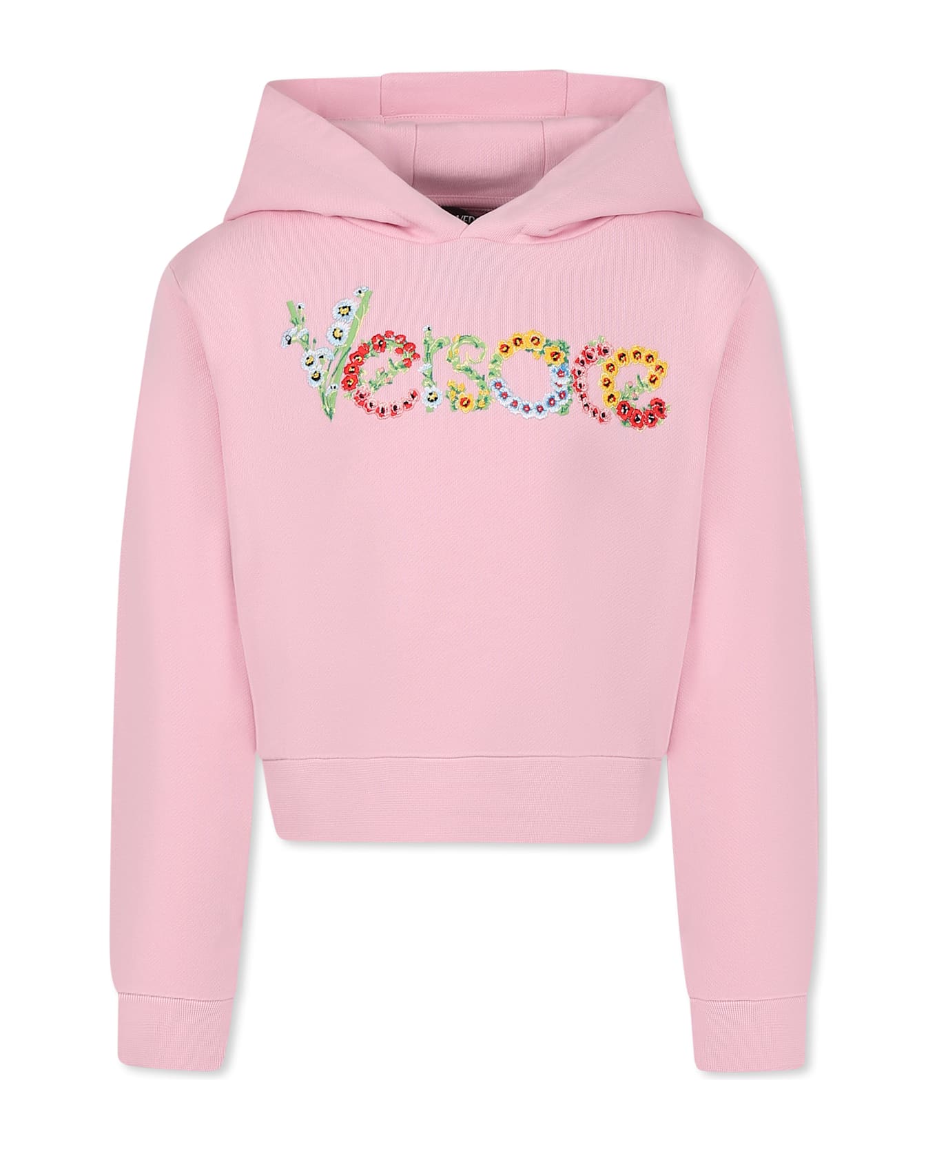 Versace Pink Crop Sweatshirt For Girl With Embroidered Flower Logo - Pink